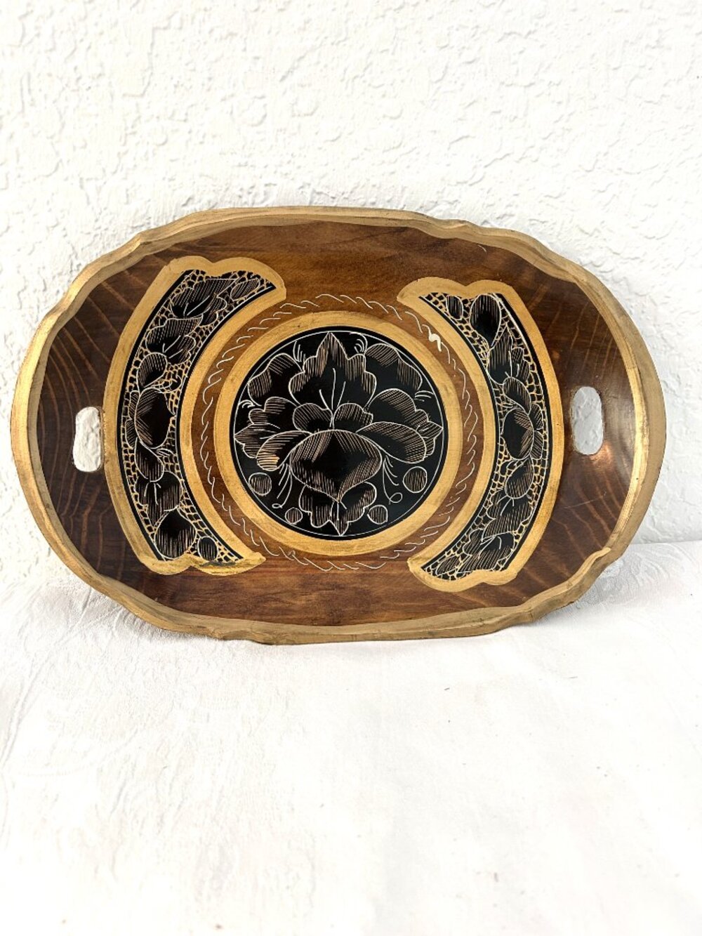 Midcentury Black & Gold Floral Mexican Batea Bowl